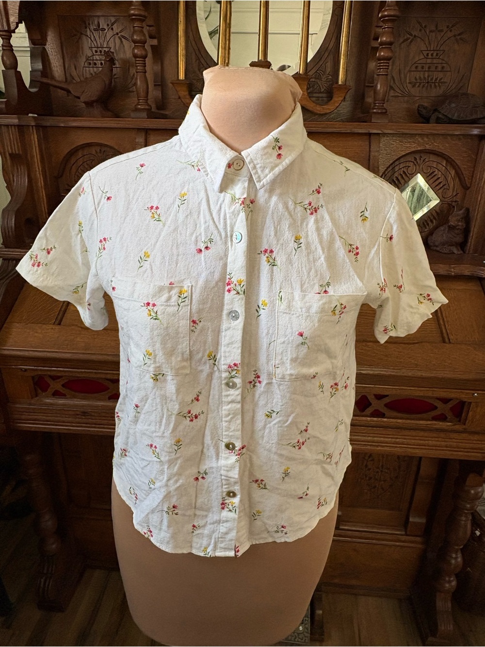 Rae Dunn button up floral white shirt